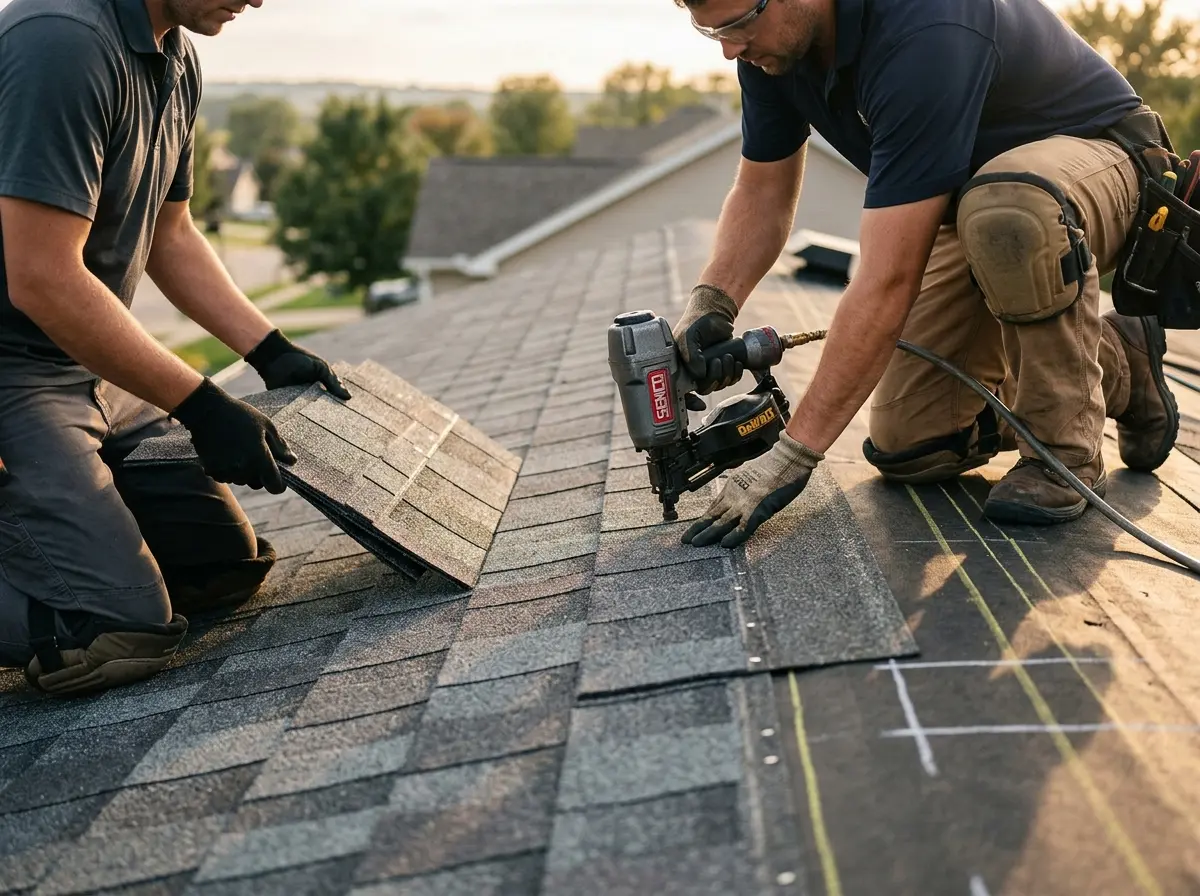 Professional roofer working on a residential roof in Idaho Falls